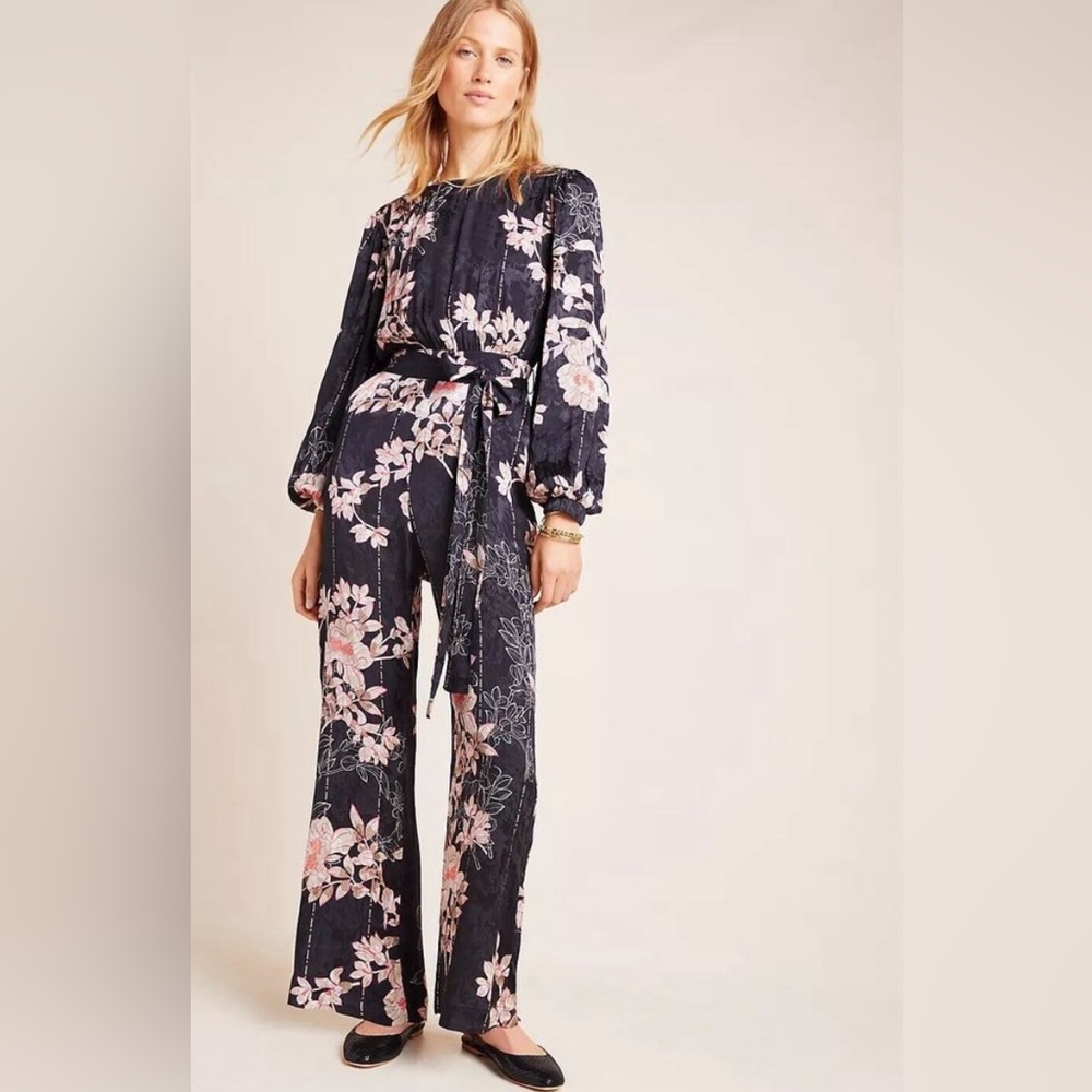 ANTHROPOLOGIE HARLYN AUDRIA JACQUARD JUMPSUIT FLORAL XS